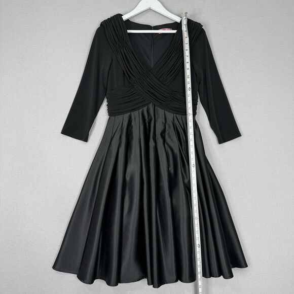 Eliza J Womens Dress 12 Black Pleated Fit & Flare Satin Midi Pinup Retro Formal - Picture 4 of 13